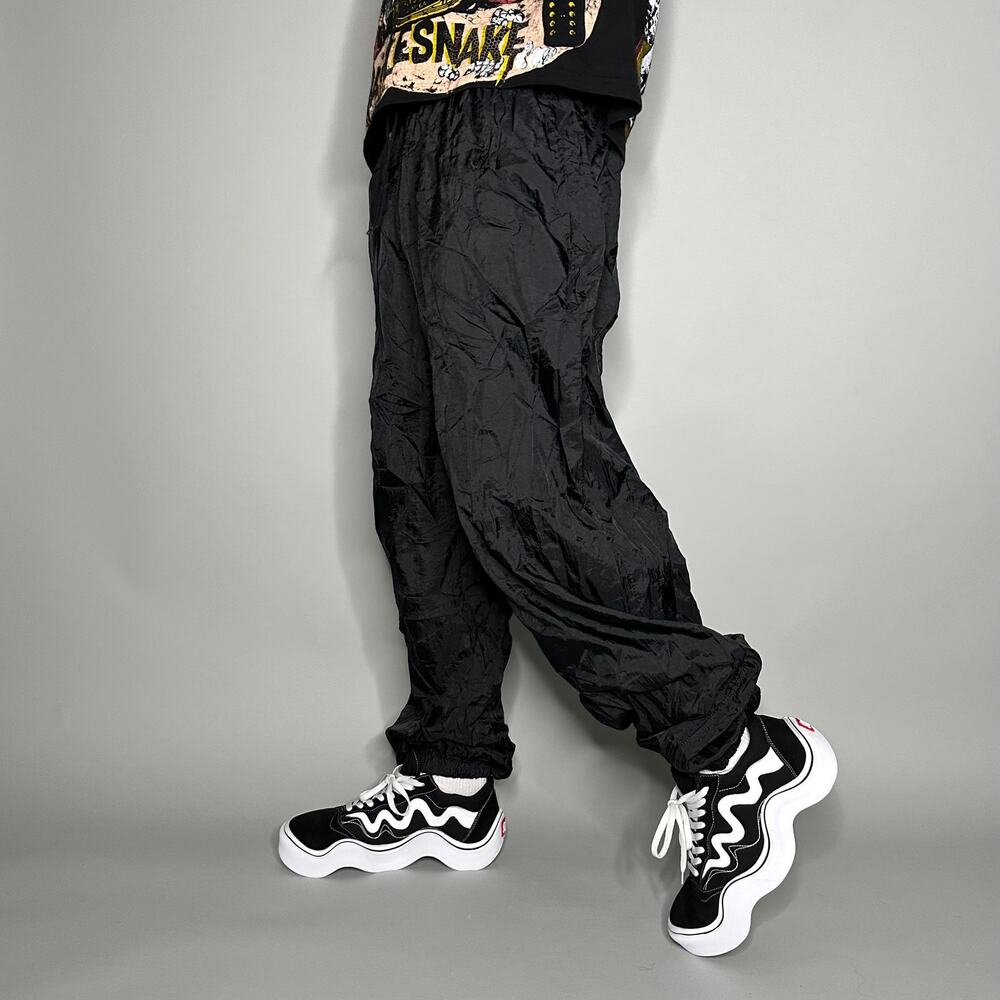 Vintage 90s Track Pants Mens XL Baggy Jet Black Nylon Joggers Ankle Zippers